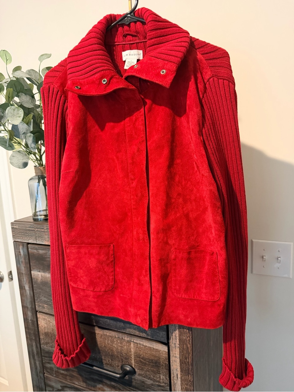 Kim Rogers Genuine Red Suede Leather & 100% Cotton Knit Bomber Jacket - Red